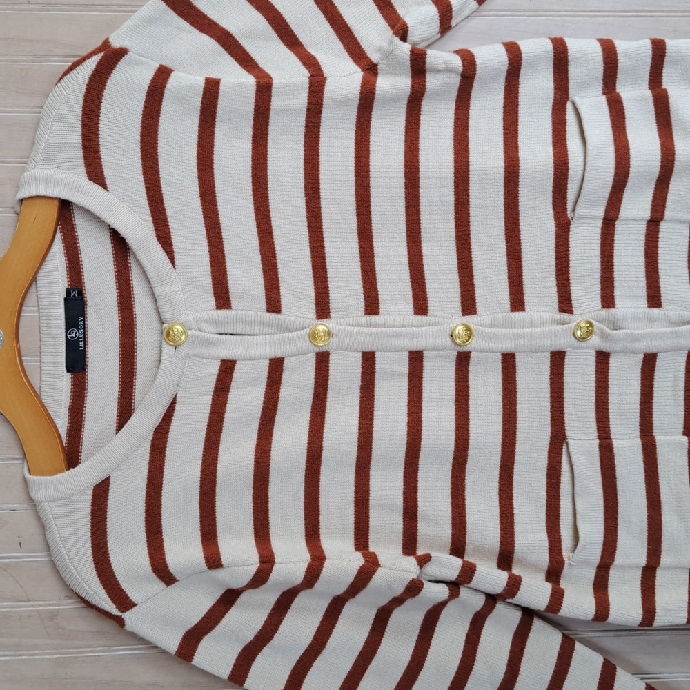 Lillusory Knit Classy Soft Comfy Striped Cardigan Sweater Gold Buttons Boxy